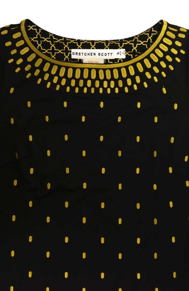 Women's Gretchen Scott Rocket Girl Dress. Black and gold colorway. Front view.