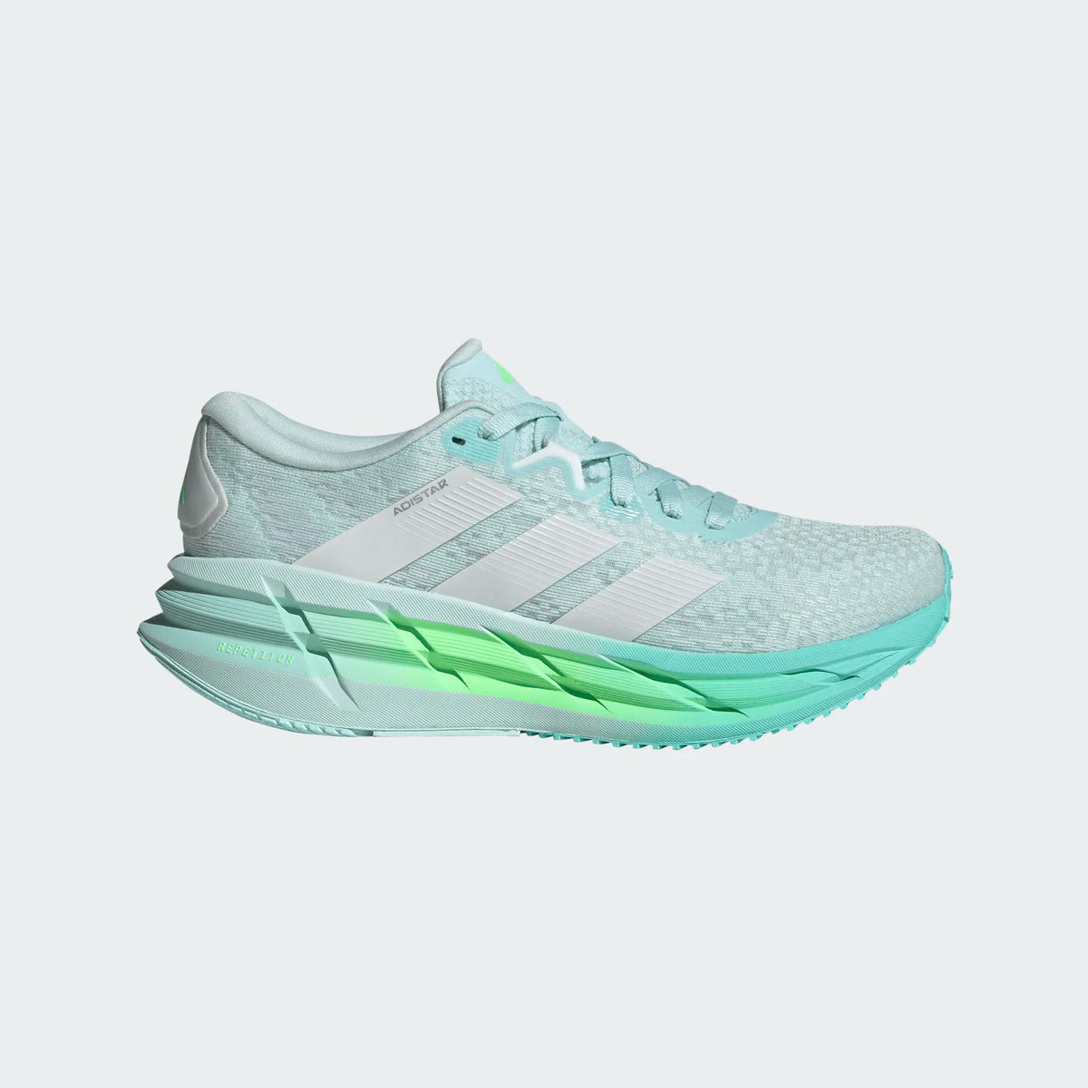 Women's Adidas Adistar 4. Light blue upper. Blue and green midsole. Lateral view.