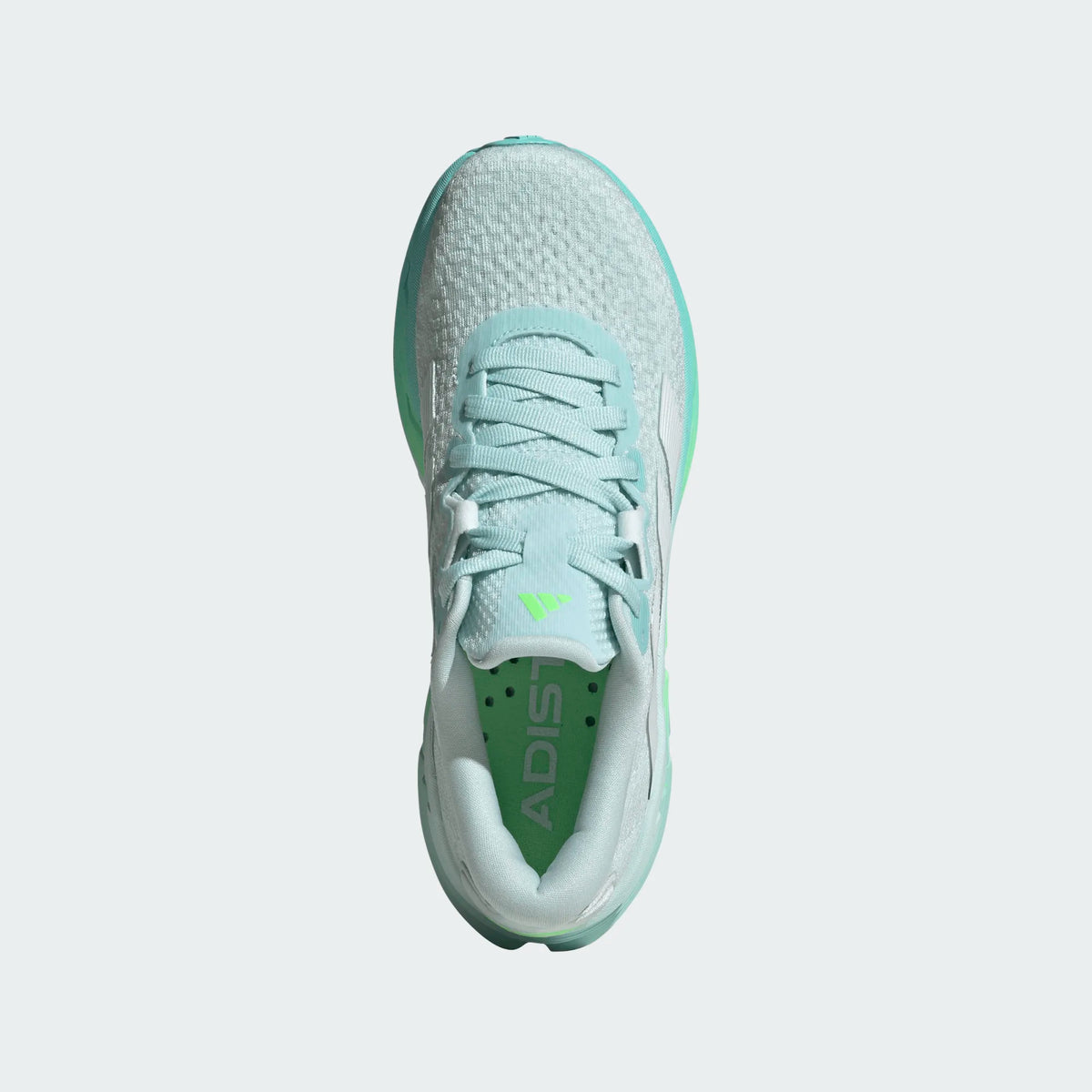Women's Adidas Adistar 4. Light blue upper. Blue and green midsole. Top view.