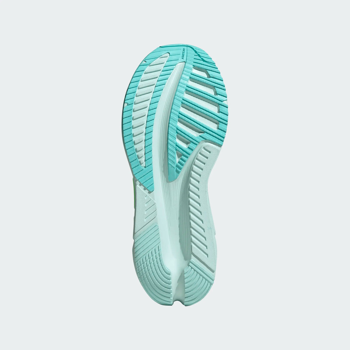 Women's Adidas Adistar 4. Light blue upper. Blue and green midsole. Bottom view.