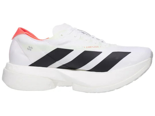 Women's Adidas Adizero Adios Pro 4. White upper. White midsole. Medial view.