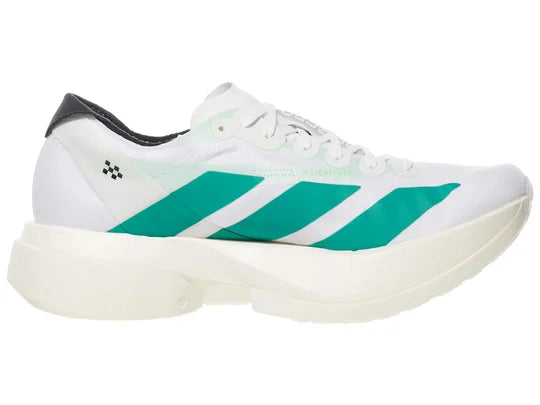 Women's Adidas Adios Pro 4. White upper. Cream midsole. Green logo. Medial view.
