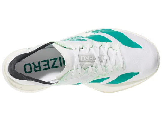 Women's Adidas Adios Pro 4. White upper. Cream midsole. Green logo. Top view.