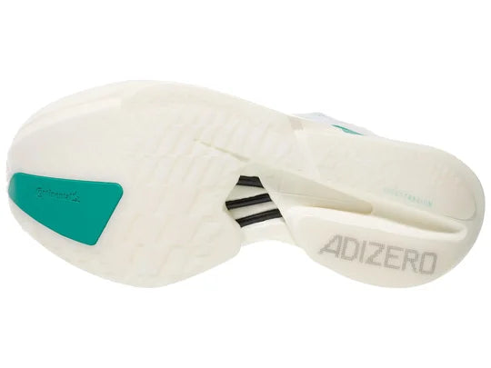 Women's Adidas Adios Pro 4. White upper. Cream midsole. Green logo. Bottom view.