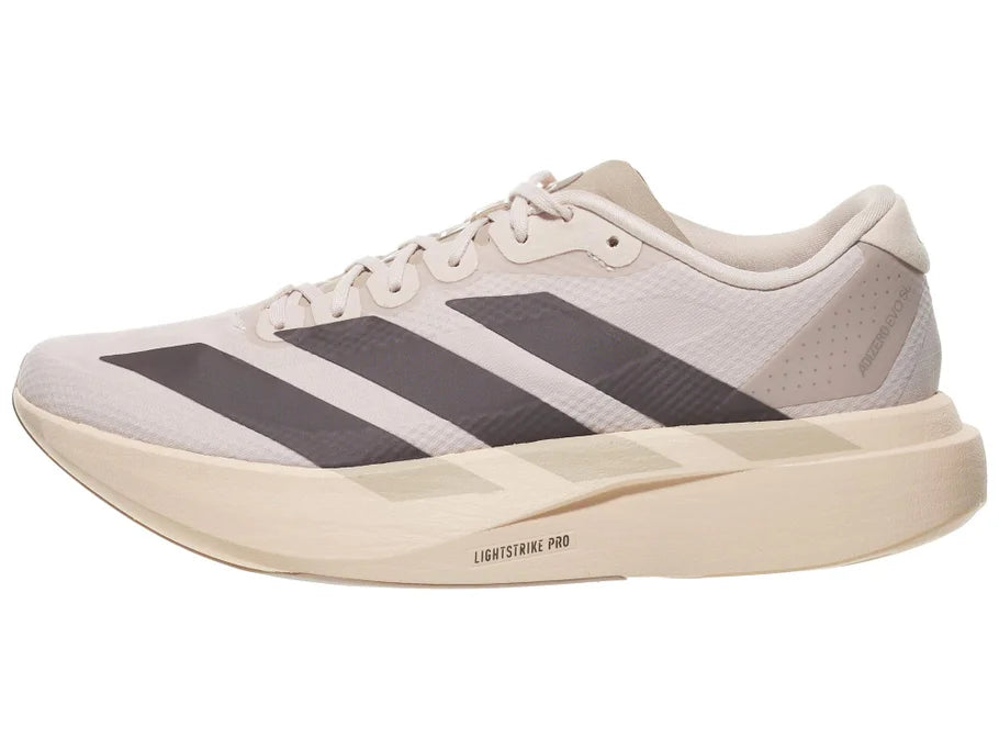Women's Adidas Adizero Evo SL Woven. Light upper. Off white midsole. Lateral view.