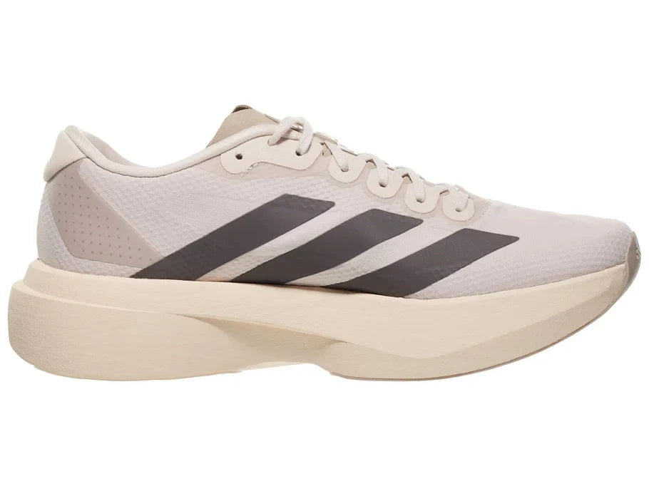 Women's Adidas Adizero Evo SL Woven. Light upper. Off white midsole. Medial view.