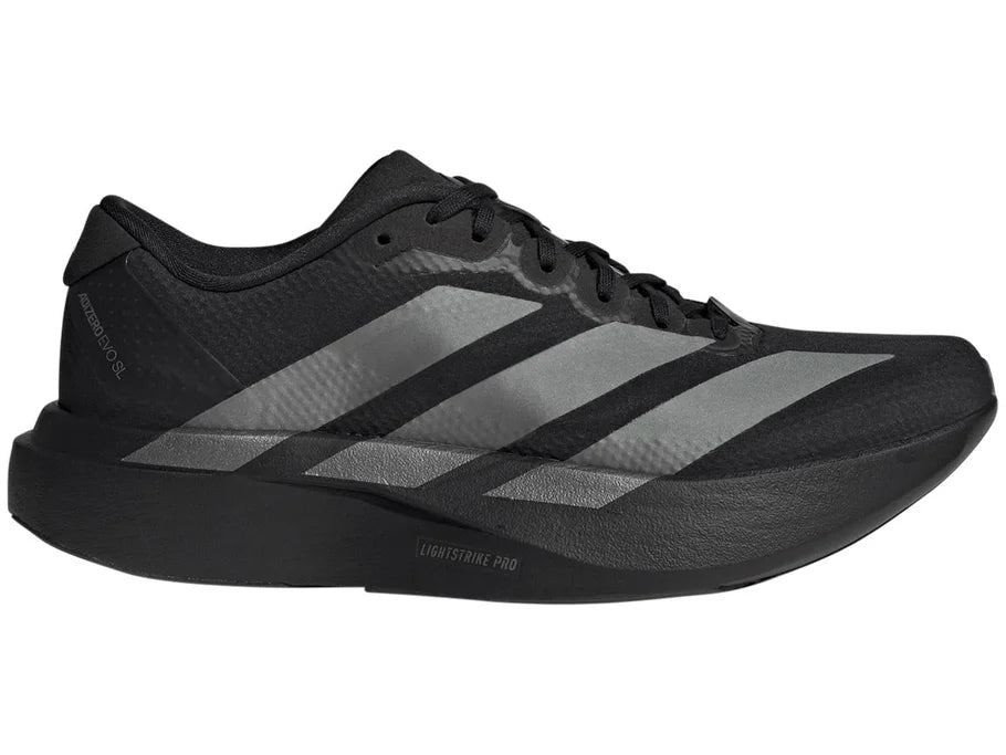 Women's Adidas Adizero Evo SL Woven. Black upper. Black midsole. Lateral view.