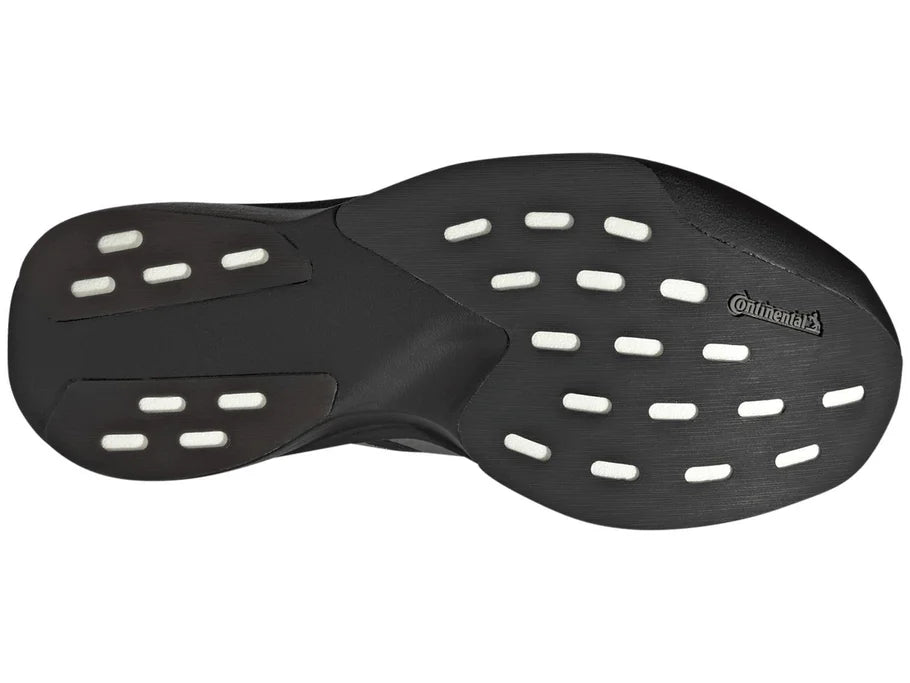 Women's Adidas Adizero Evo SL Woven. Black upper. Black midsole. Bottom view.