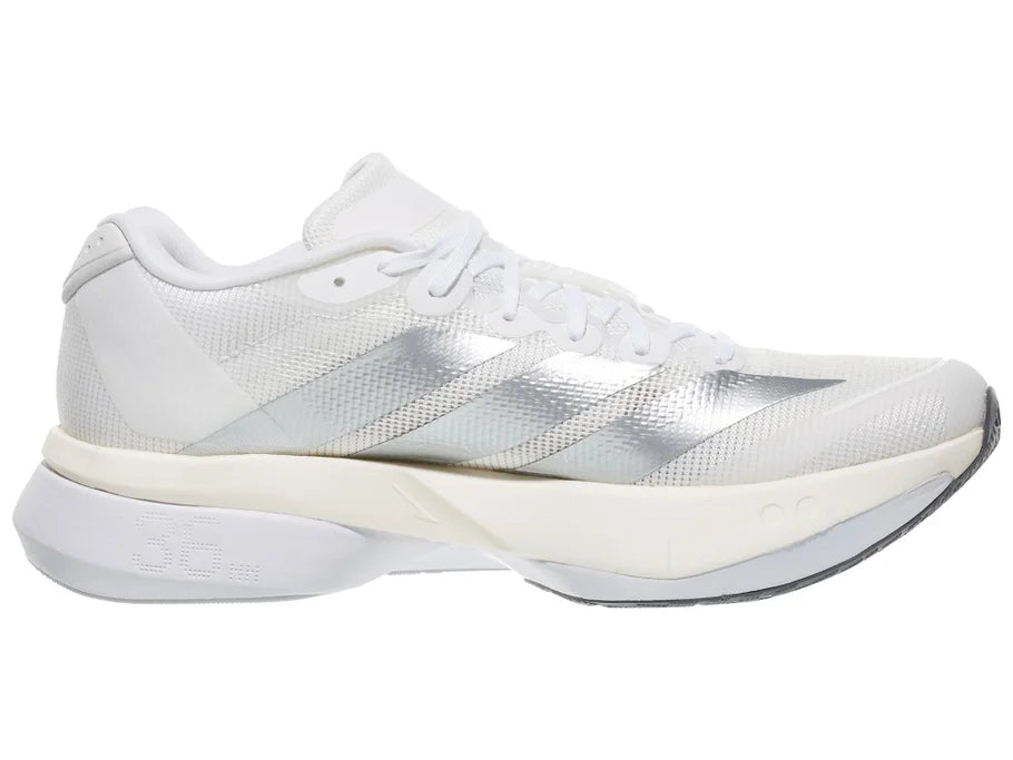 Women's Adidas Boston 13. White upper. White midsole. Medial view.