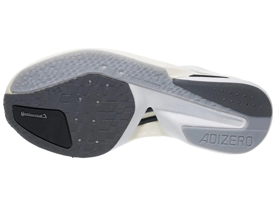 Women's Adidas Boston 13. White upper. White midsole. Bottom view.