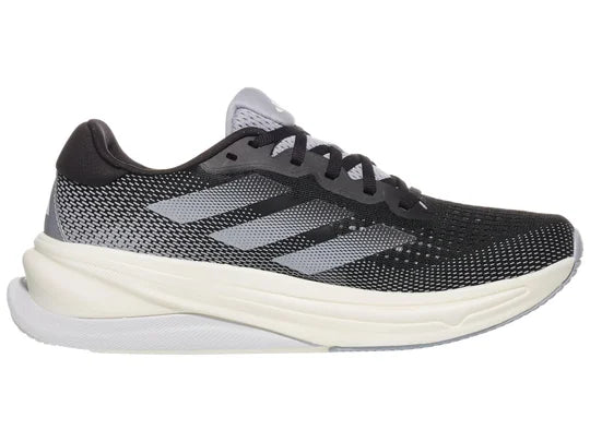 Women's Adidas Supernova Solution in Core Black/Halo Silver/Gash Grey, medial view.