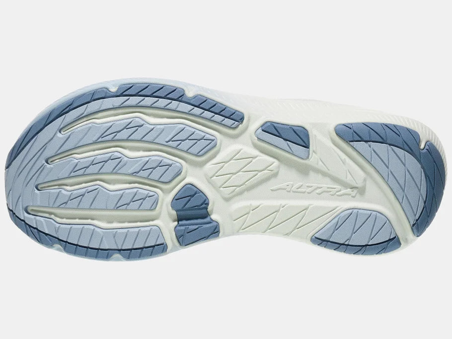 Women's Altra Experience Flow 3. White upper. Light blue midsole. Bottom view.