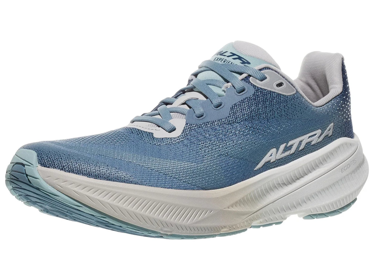 Women's Altra Experience Flow 3. Blue upper. White midsole. Lateral view.