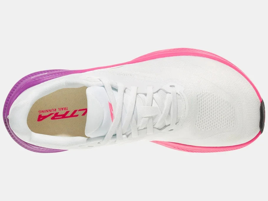 Women's Altra Experience Flow 3. White upper. Pink and purple midsole. Top view.