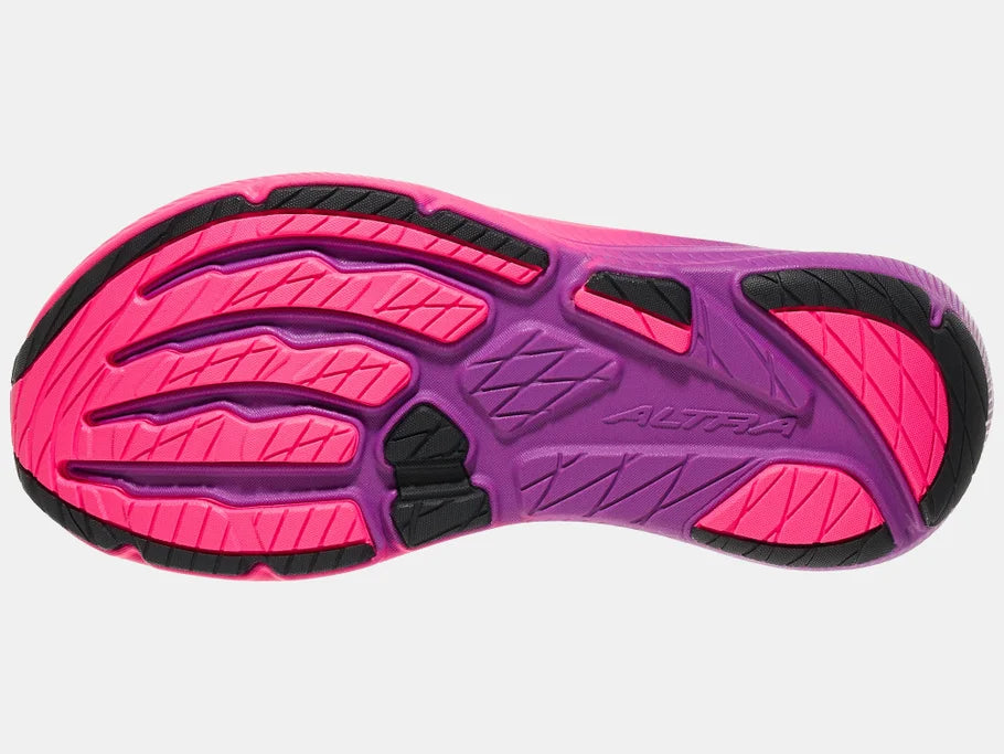 Women's Altra Experience Flow 3. White upper. Pink and purple midsole. Bottom view.