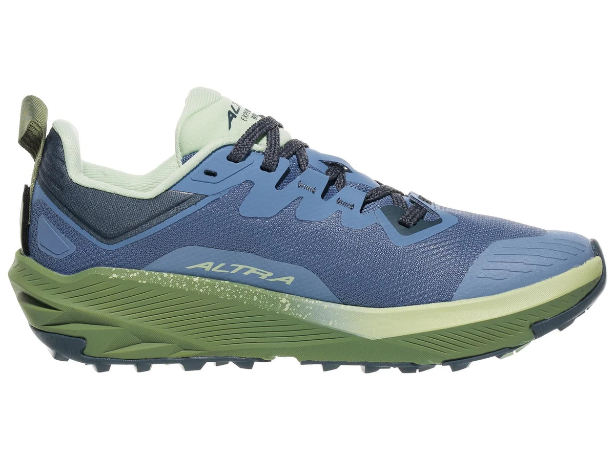 Women's Altra Experience Wild 3. Blue upper. Green midsole. Medial view.
