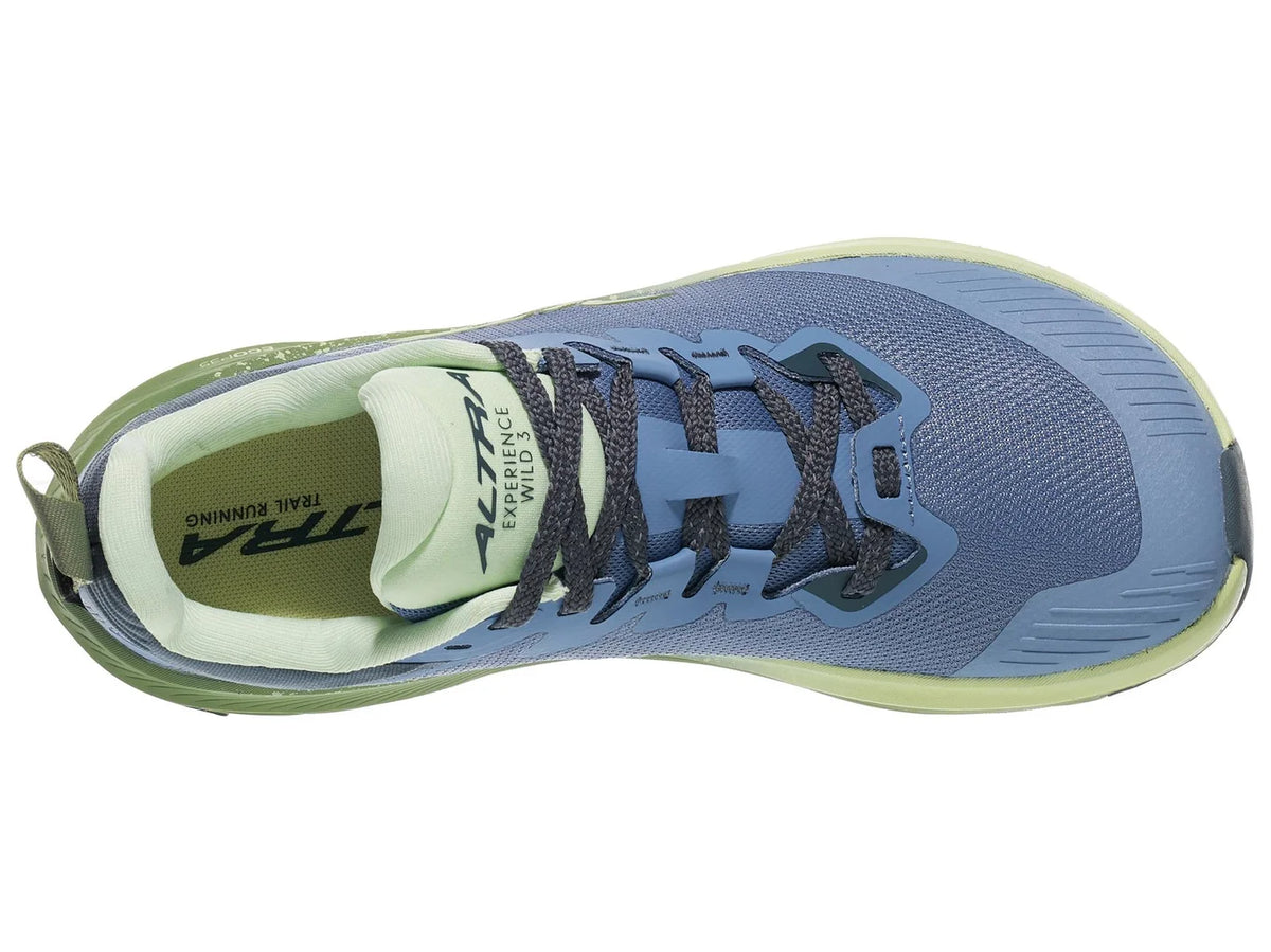 Women's Altra Experience Wild 3. Blue upper. Green midsole. Top view.