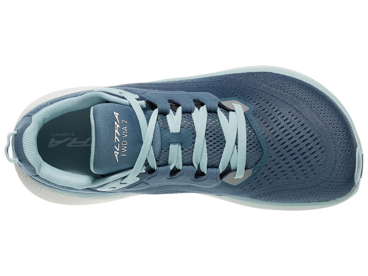 Women's Altra FWD Via 2. Blue upper. White midsole. Top view.