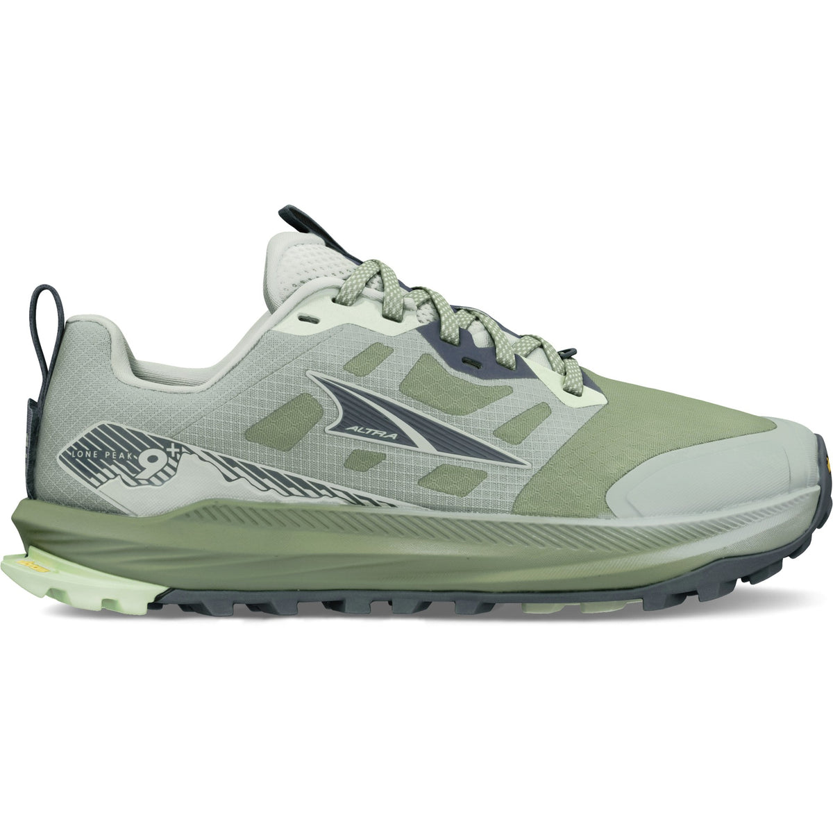 Women's Altra Lone Peak 9+. Green upper. Green midsole. Lateral view.