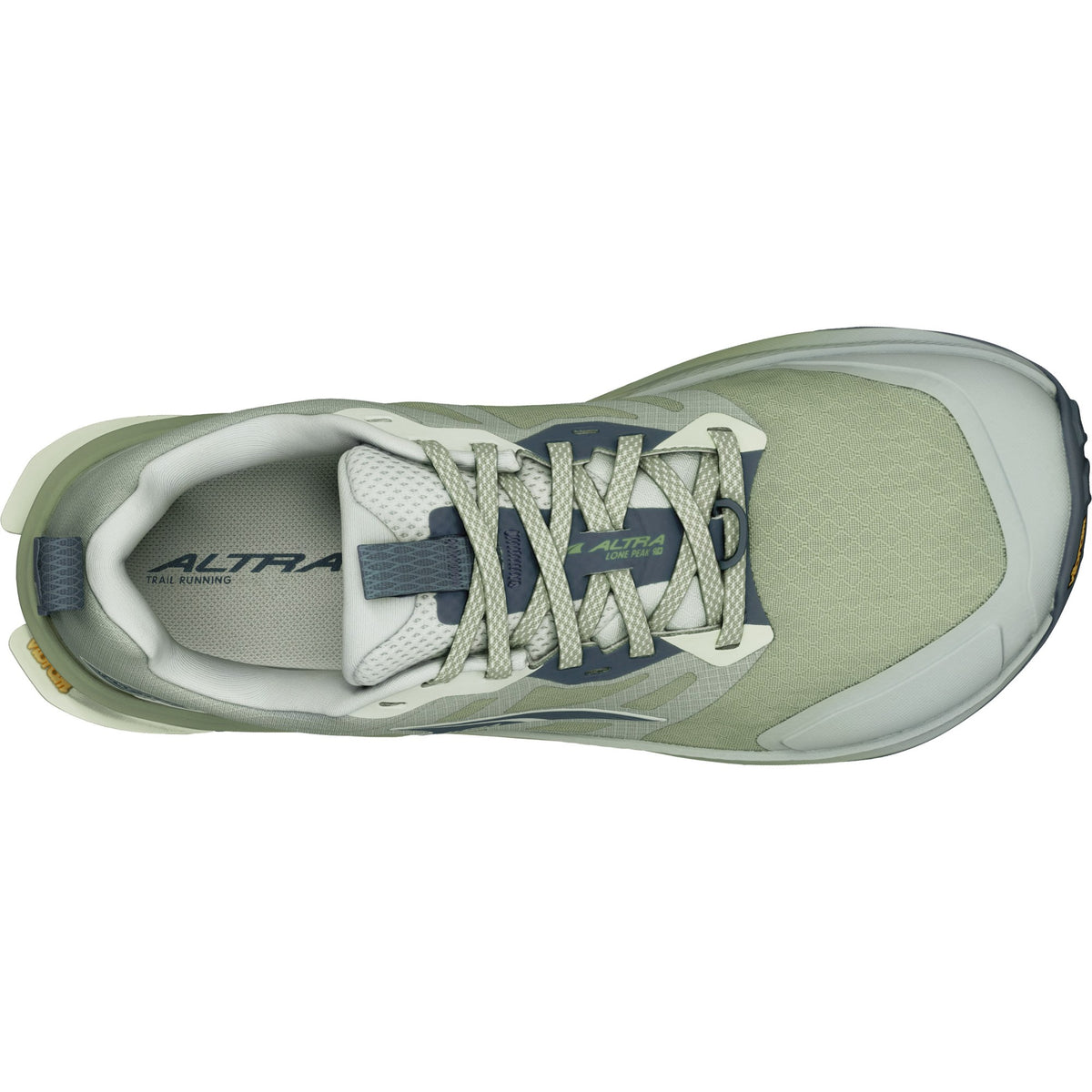 Women's Altra Lone Peak 9+. Green upper. Green midsole. Bottom view.