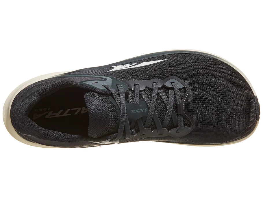 Women's Altra Torin 8. Black upper. White midsole. Top view.