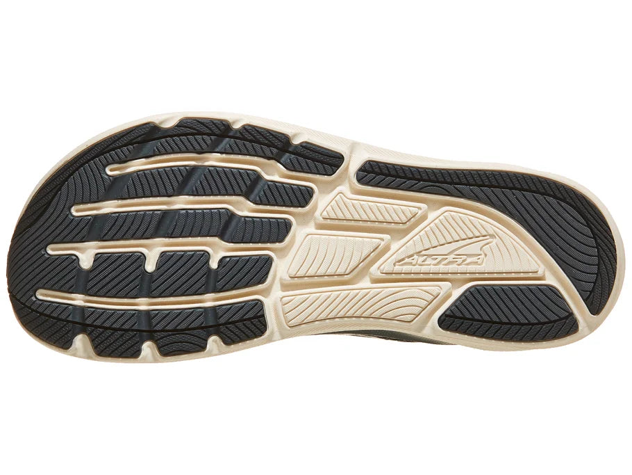 Women's Altra Torin 8. Black upper. White midsole. Bottom view.