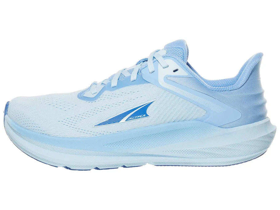 Women's Altra Torin 8. Light Blue upper. Light Blue midsole. Lateral view.