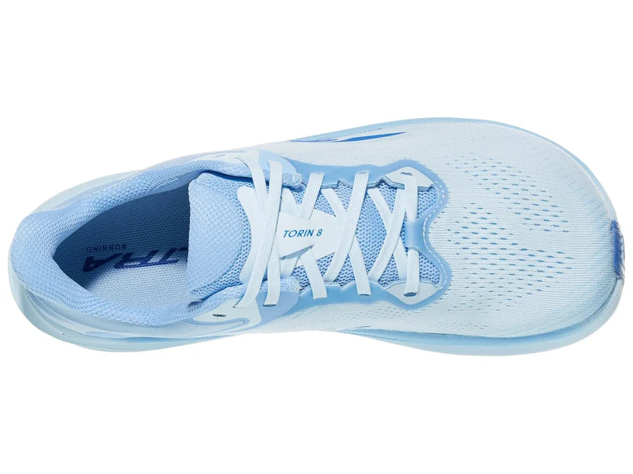 Women's Altra Torin 8. Light Blue upper. Light Blue midsole. Top view.