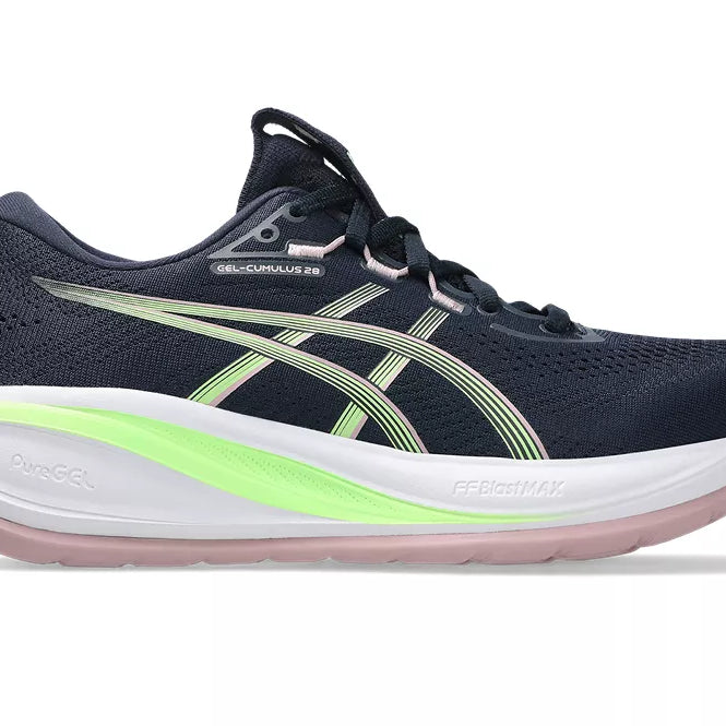 Women's Asics Gel-Cumulus 28. Dark Navy upper. White midsole. Lateral view.
