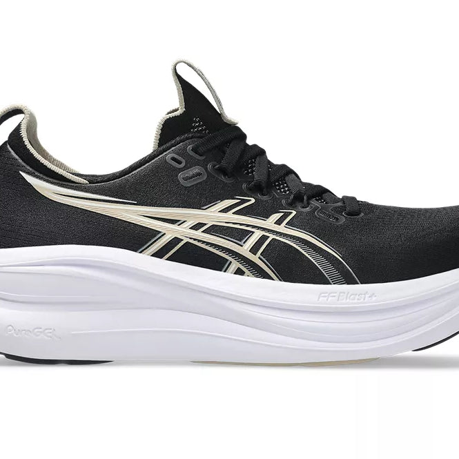 Women's Asics Gel-Nimbus 2. Black upper. White midsole. Lateral view.