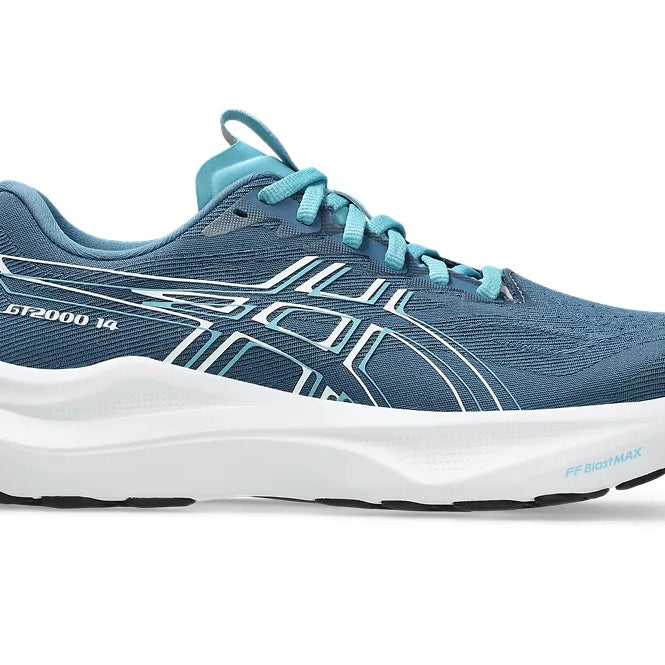 Women's Asics GT 2000 14. Dark Teal upper. White midsole. Lateral view.