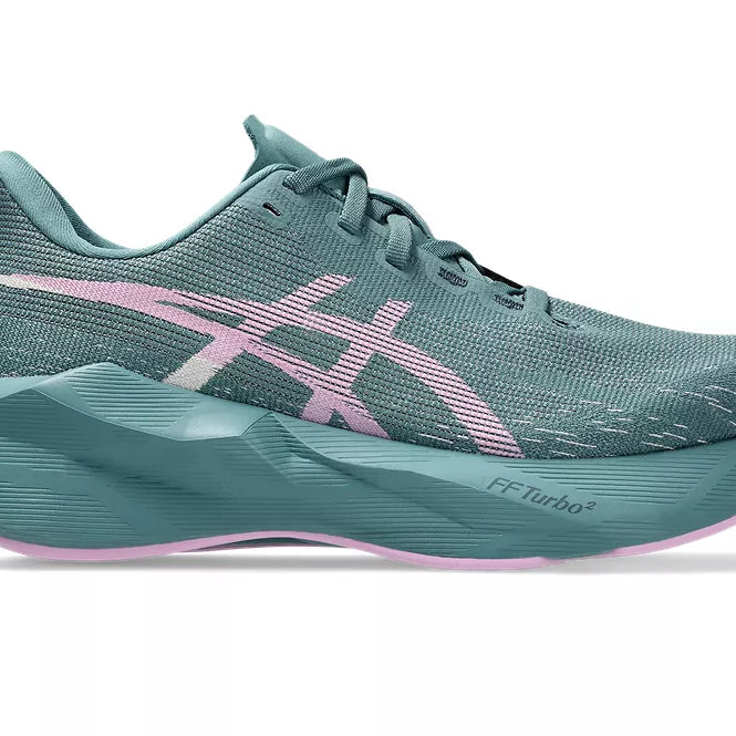 Women's Asics Novablast 6. Green upper. Green midsole. Lateral view.