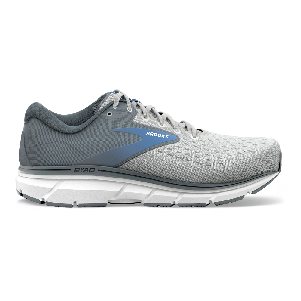 Women's Brooks Dyad 11. Grey upper. White midsole. Lateral view.