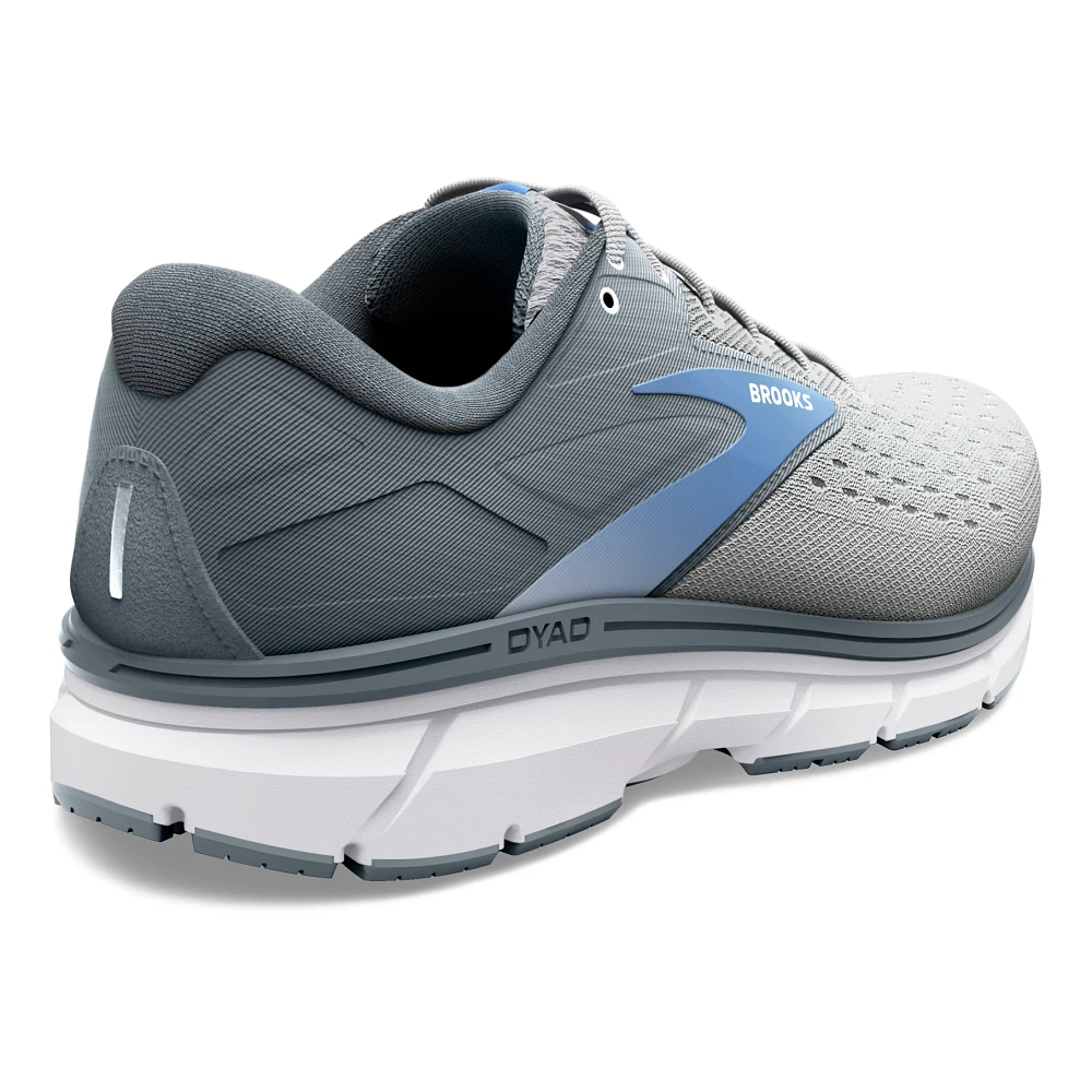 Women's Brooks Dyad 11. Grey upper. White midsole. Rear/Lateral view.