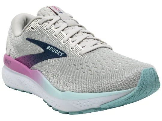 Women's Brooks Ghost 16. Light Grey upper. White midsole. Lateral view.
