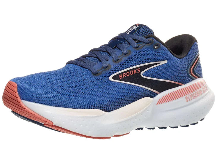 Women's Brooks Glycerin GTS 21. Blue upper. White midsole. Lateral view.