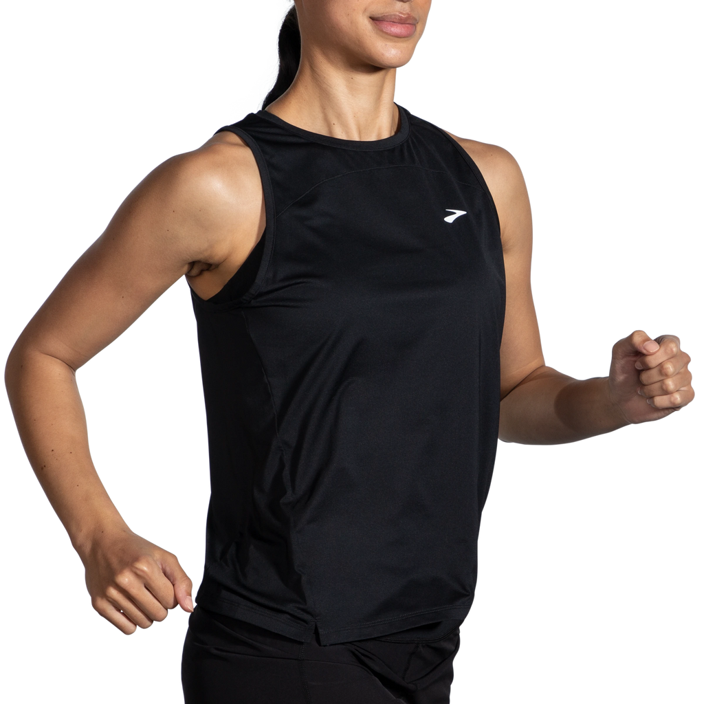 Women's Brooks Sprint Free Tank 2.0. Black. Front/Lateral view.