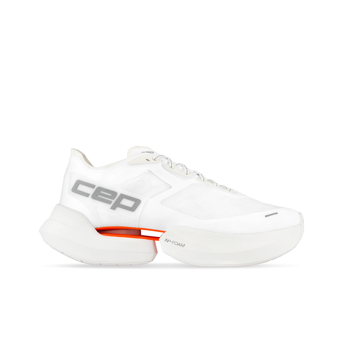 Women's CEP Optaspeed. White upper. White midsole. Lateral view.