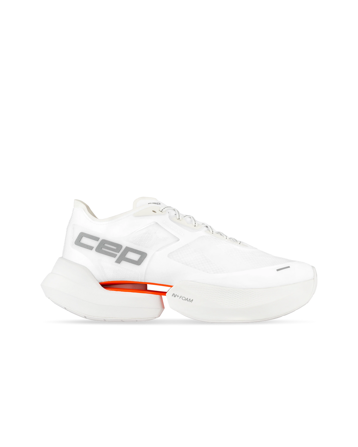 Women's CEP Optaspeed. White upper. White midsole. Lateral view.