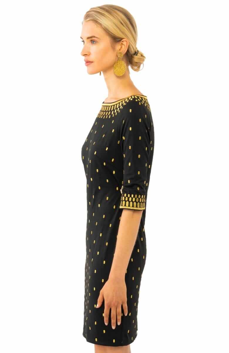 Women's Gretchen Scott Rocket Girl Dress. Black and gold colorway. Side view.