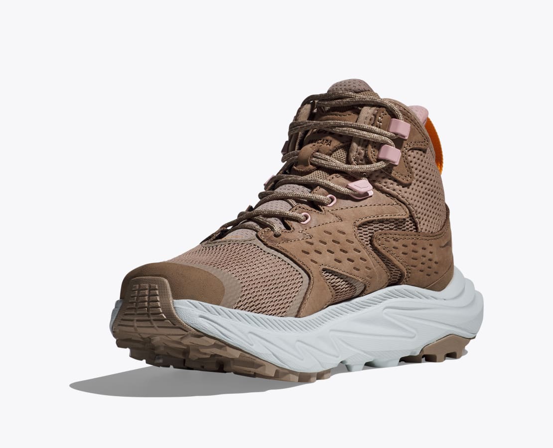 Women's Hoka Anacapa 2 Mid GTX. Brown upper. White midsole. Medial view.