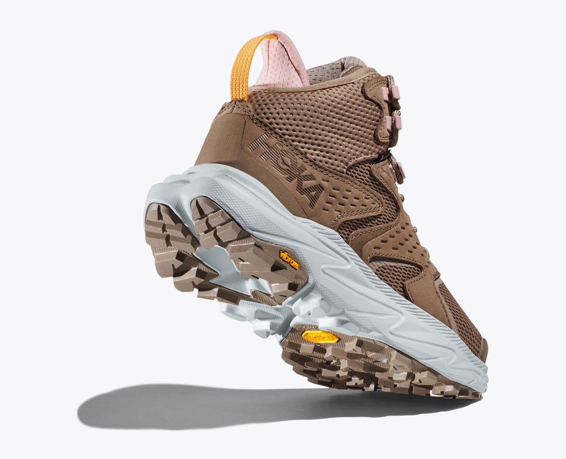 Women's Hoka Anacapa 2 Mid GTX. Brown upper. White midsole. Rear/Lateral view.