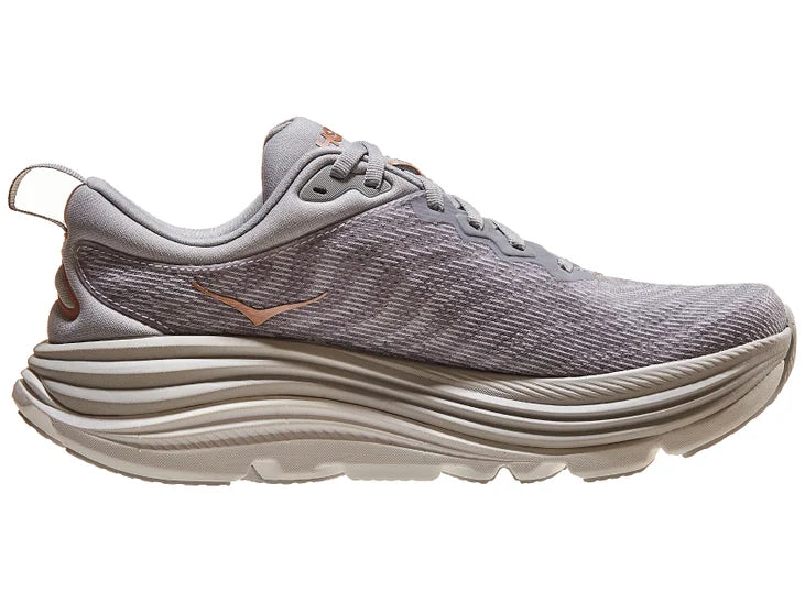 Men's Hoka Gaviota 5. Grey upper. White/light grey midsole. Medial view.