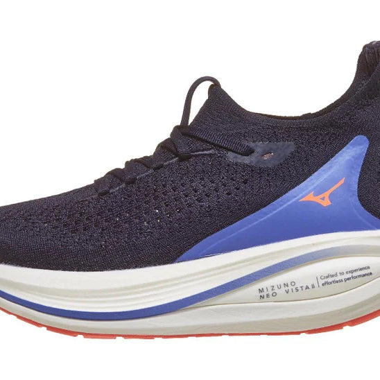 Women's Mizuno Neo Vista 2. Navy upper. White midsole. Lateral view.