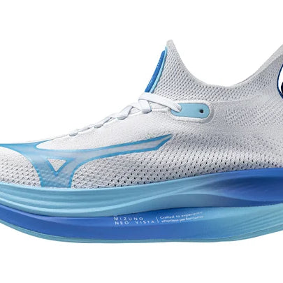 Women's Mizuno Neo Vista. White upper. Blue midsole. Lateral view.