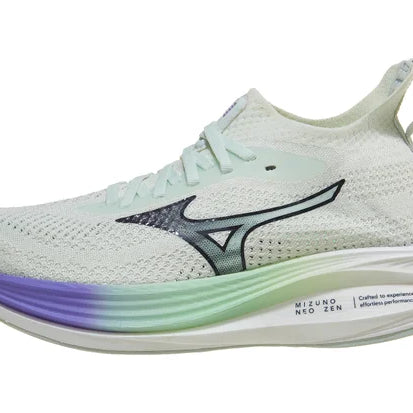 Women's Mizuno Neo Zen. White upper. Multicolored midsole. Lateral view.