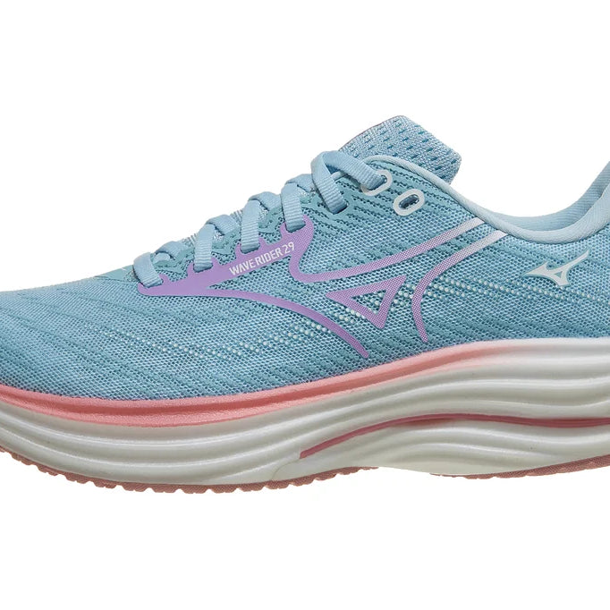 Women's Mizuno Wave Rider 29. Blue/Green upper. White midsole. Lateral view.