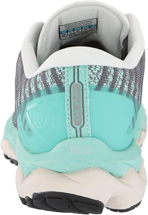 Women's Mizuno Wave Sky 4. Grey upper. Green midsole. Rear view.