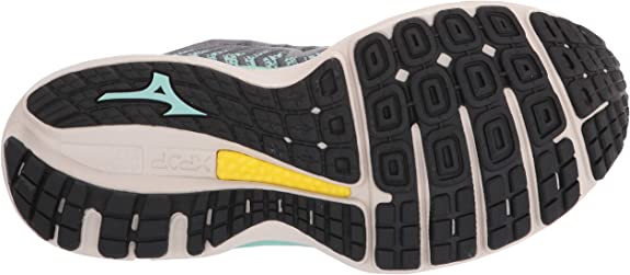 Women's Mizuno Wave Sky 4. Grey upper. Green midsole. Bottom view.