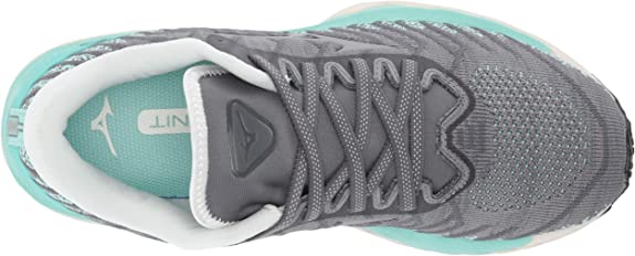 Women's Mizuno Wave Sky 4. Grey upper. Green midsole. Top view.